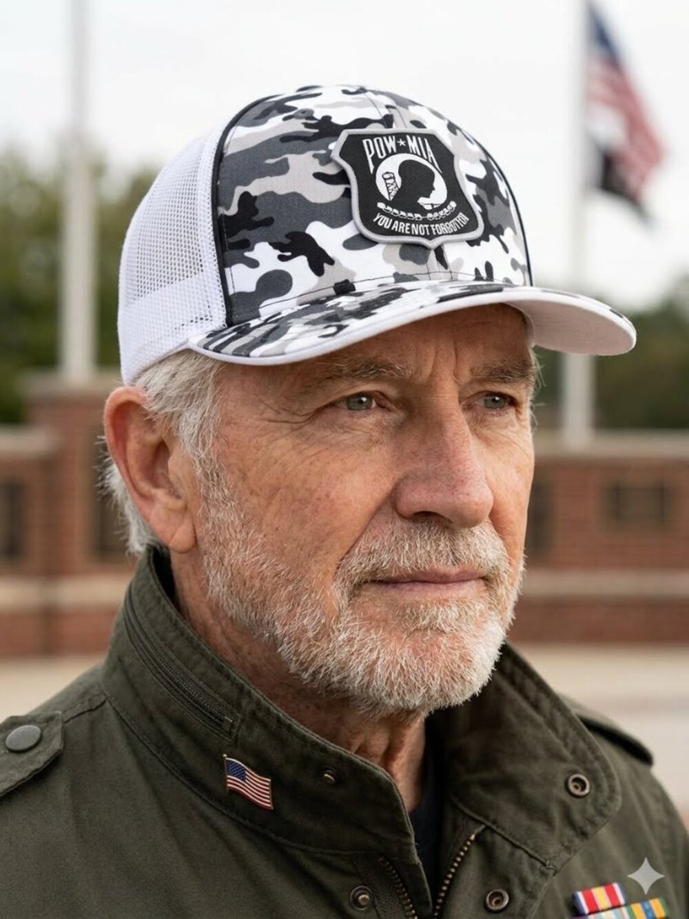 POW-MIA Patched Pacific Headwear Snow Camo Flexfit Trucker Hat